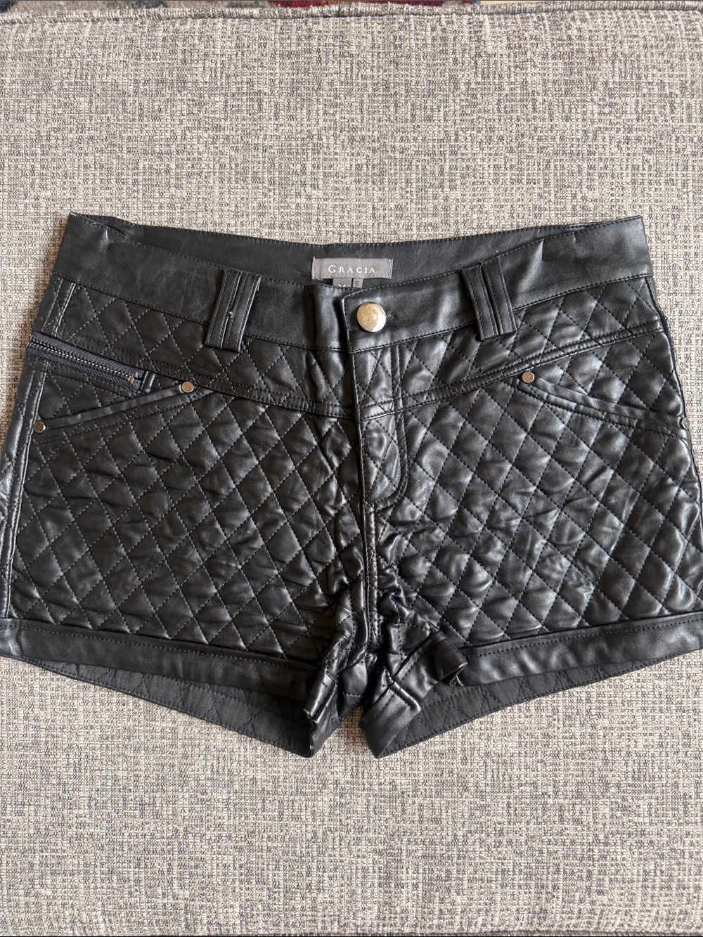 Gracia Black Quilted Faux Leather Women's Shorts